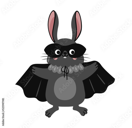 Black rabbit in vampire costume. Black mantle and mask.Cute bunny cartoon halloween cartoon character. Vector flat illustration.