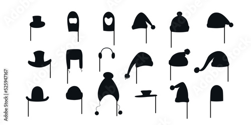 Winter hats and caps silhouette set for photo prop box. Vector stock illustration isolated on black background for photo booth holiday industry. 