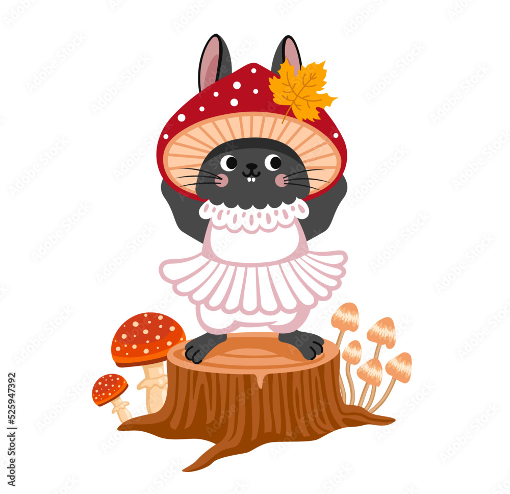 Fototapeta premium Cute bunny in fly agaric costume, standing on stump. Rabbit in red mushroom hat. Cartoon character. Vector flat illustration.