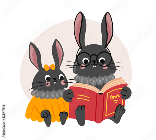Bunny mom reading book to baby bunny. Black rabbit cartoon character. Family reading concept. Vector flat illustration.