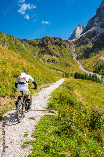 Amateur cyclist traveling the Rolle Pass in San Martino di Castrozza, Trentino Alto Adige - Italy