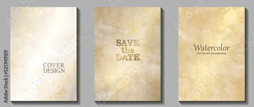 Gold watercolor vector old paper background set for cards, flyer, poster, banner and cover design. Hand drawn watercolour illustration for design. Place for text. Aged texture. Template for design.	
