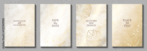 Gold watercolor vector old paper background set for cards, flyer, poster, banner and cover design. Hand drawn watercolour illustration for design. Place for text. Aged texture. Template for design.	
