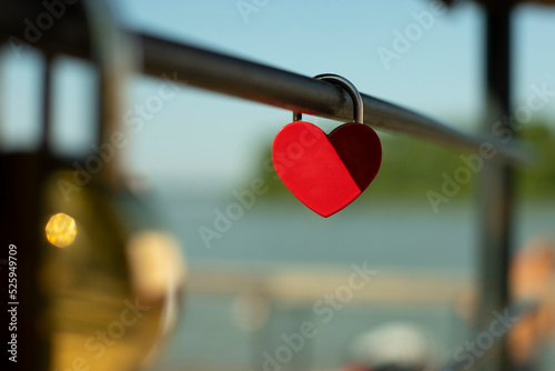 Photography Heart lock is fixed to handrail. Wedding symbol. Wedding details.