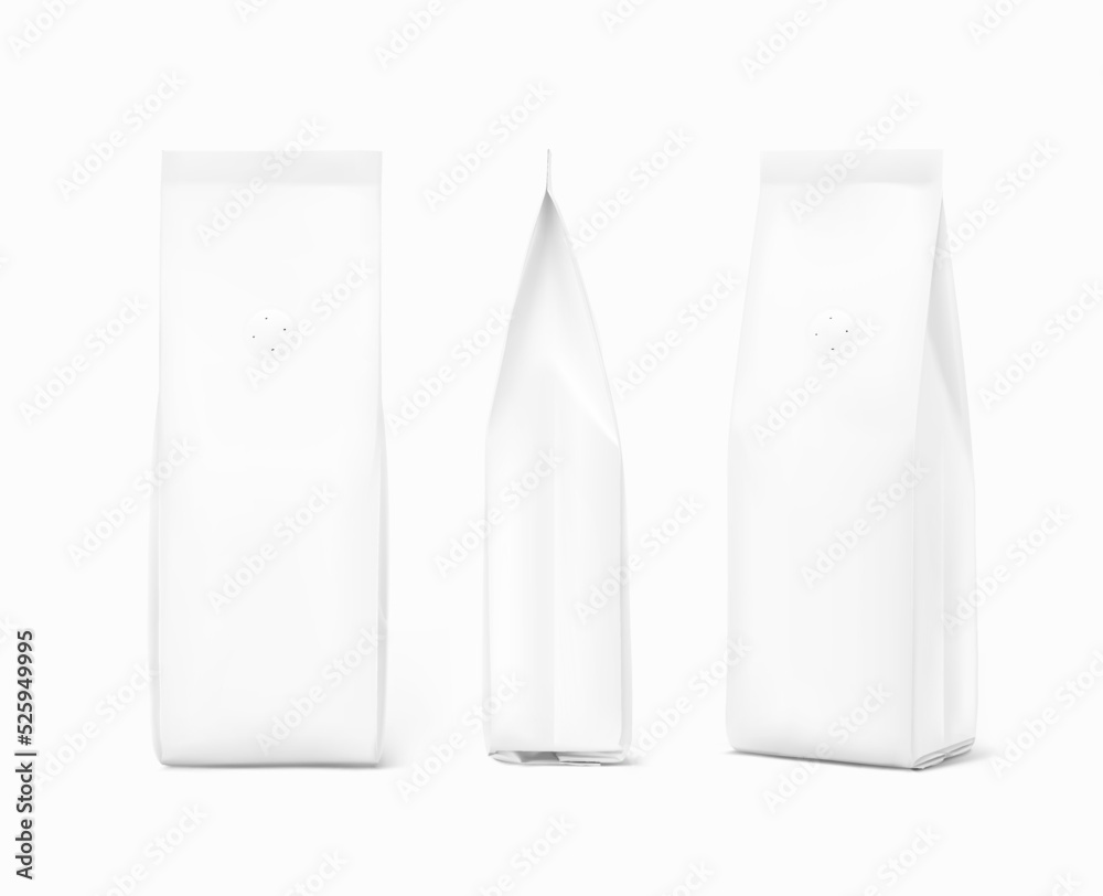 Coffee packaging bag mockup with degassing valve. One way air valve. Vector illustration isolated on white background. Perfect for promotion your product. EPS10. Coffee packaging bag mockup with degassing valve. One way air valve. Vector illustration isolated on white background. Perfect for promotion your product. EPS10.