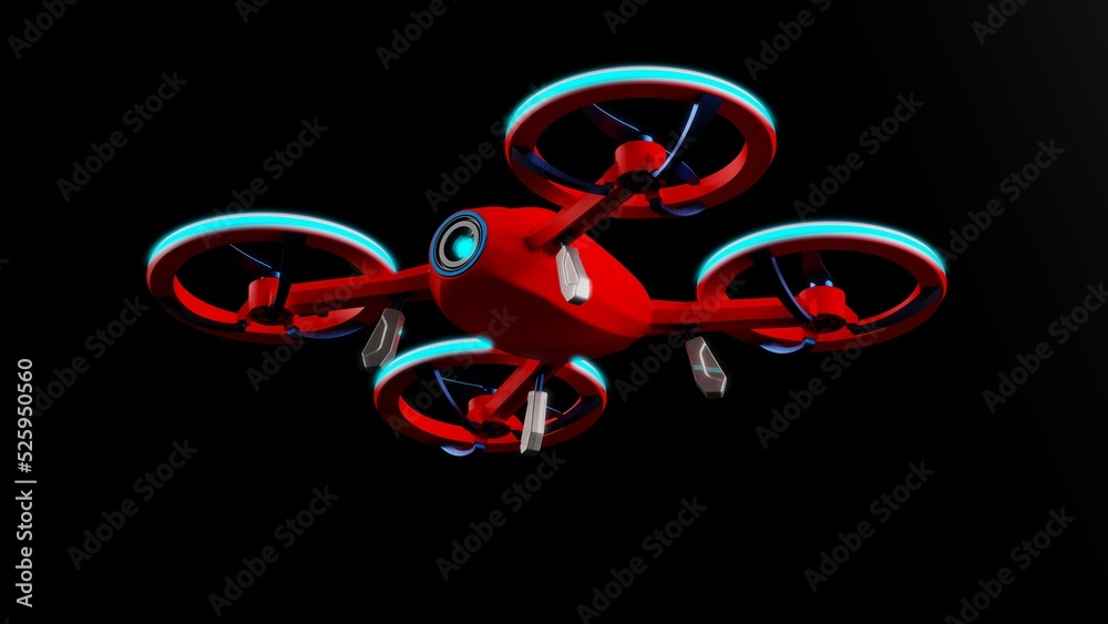 Powerful red drone loaded with some of blue light, most advanced imaging and flight technologies under white-black background. Concept image of video production. 3D CG. Powerful red drone loaded with some of blue light, most advanced imaging and flight technologies under white-black background. Concept image of video production. 3D CG.