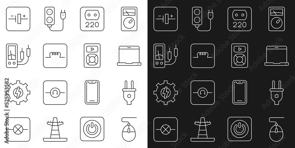 Set line Computer mouse, Electric plug, Laptop, Electrical outlet, Inductor in electronic circuit, Ampere meter, multimeter, DC voltage source and Music player icon. Vector Set line Computer mouse, Electric plug, Laptop, Electrical outlet, Inductor in electronic circuit, Ampere meter, multimeter, DC voltage source and Music player icon. Vector