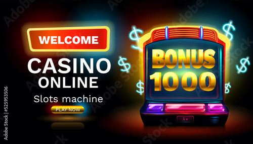 Casino slots machine winner, jackpot fortune bonus 1000, 777 win banner. Vector