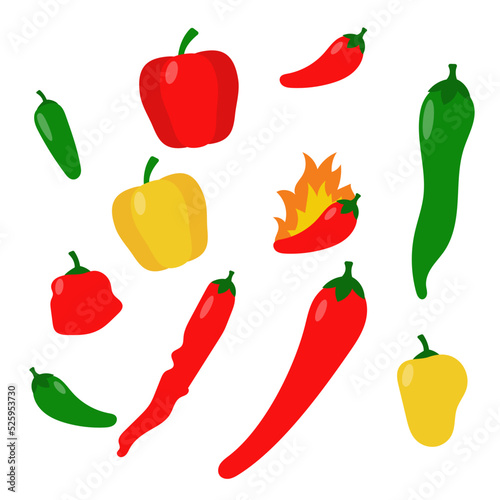 Various types of chili pepper vector illustrations with flat style isolated on white background