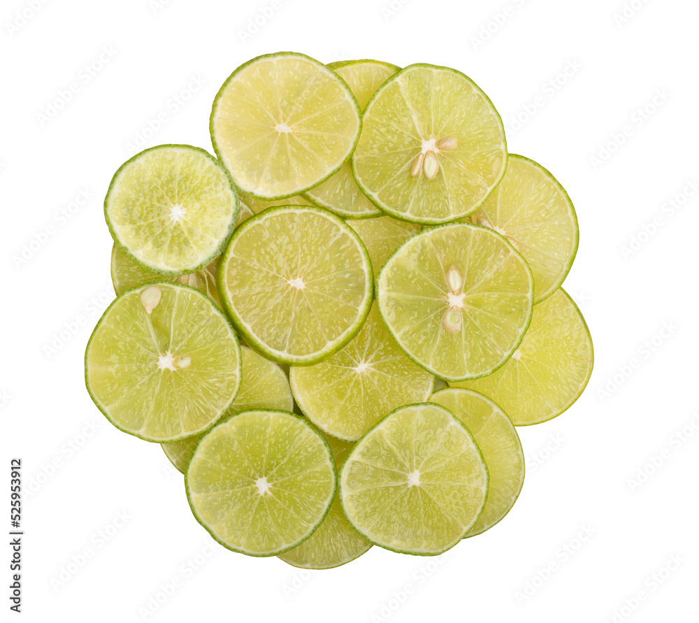 Group limes sliced isolated on white background