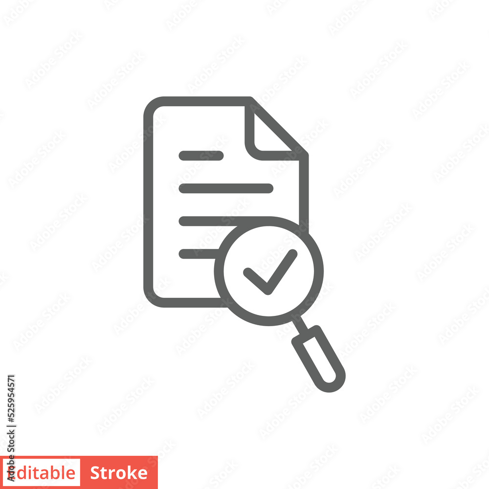 Audit icon. Simple outline style. Review, overview, verification, business concept. Document with checkmark magnifying glass. Vector illustration isolated on white background. Editable stroke EPS 10. Audit icon. Simple outline style. Review, overview, verification, business concept. Document with checkmark magnifying glass. Vector illustration isolated on white background. Editable stroke EPS 10.
