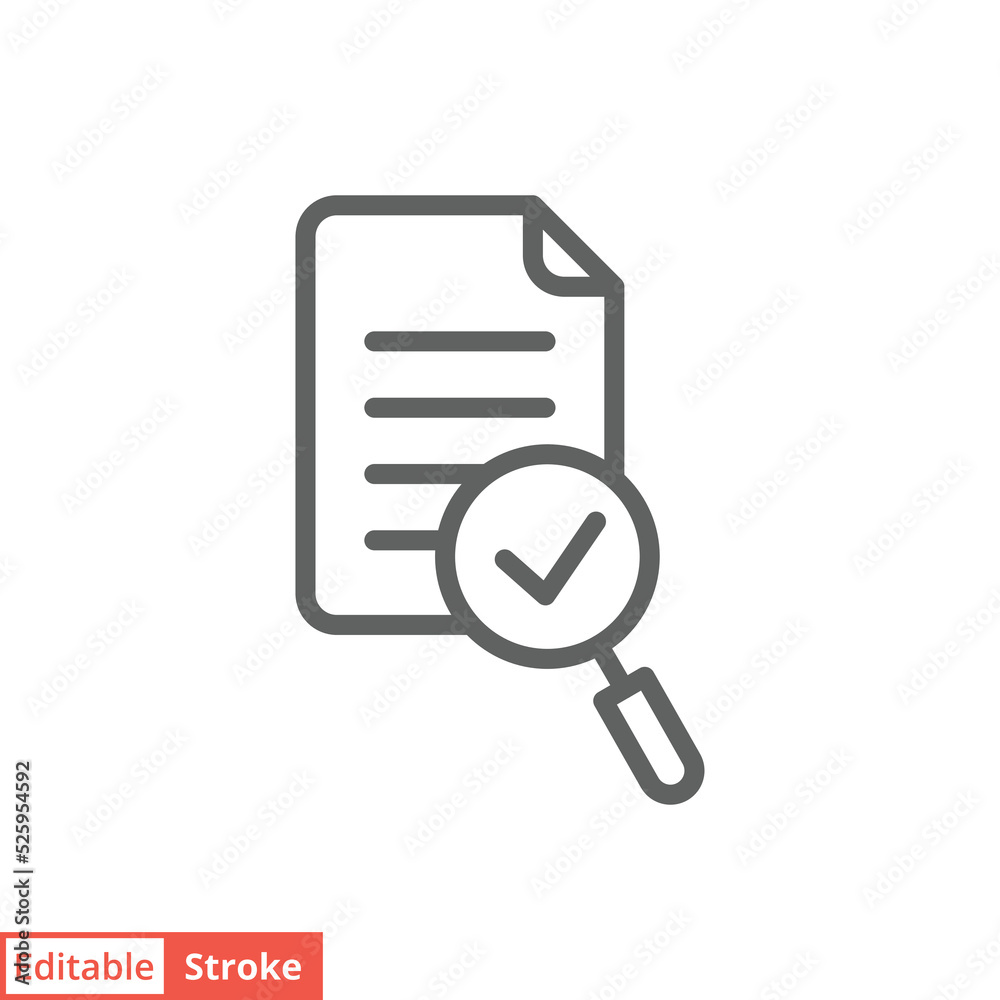 Audit icon. Simple outline style. Review, overview, verification, business concept. Document with checkmark magnifying glass. Vector illustration isolated on white background. Editable stroke EPS 10. Audit icon. Simple outline style. Review, overview, verification, business concept. Document with checkmark magnifying glass. Vector illustration isolated on white background. Editable stroke EPS 10.