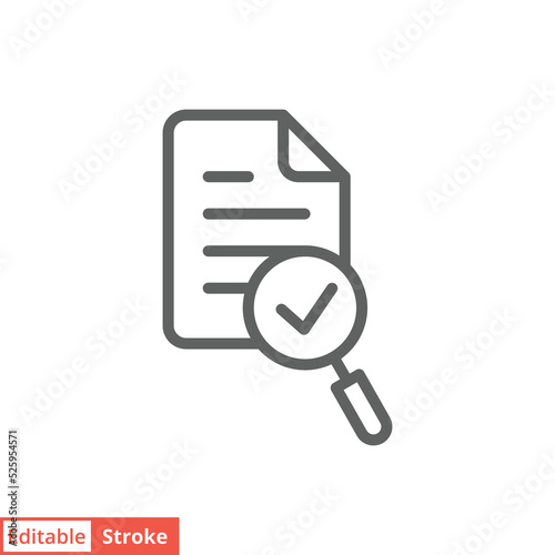 Audit icon. Simple outline style. Review, overview, verification, business concept. Document with checkmark magnifying glass. Vector illustration isolated on white background. Editable stroke EPS 10.
