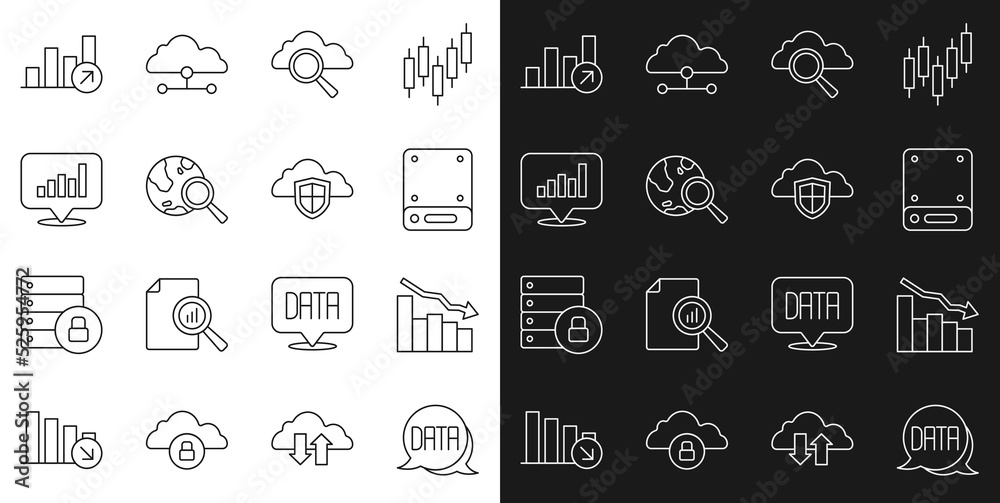 Set line Data analysis, Financial growth decrease, Server, Search cloud computing, globe, Pie chart infographic, and Cloud and shield icon. Vector