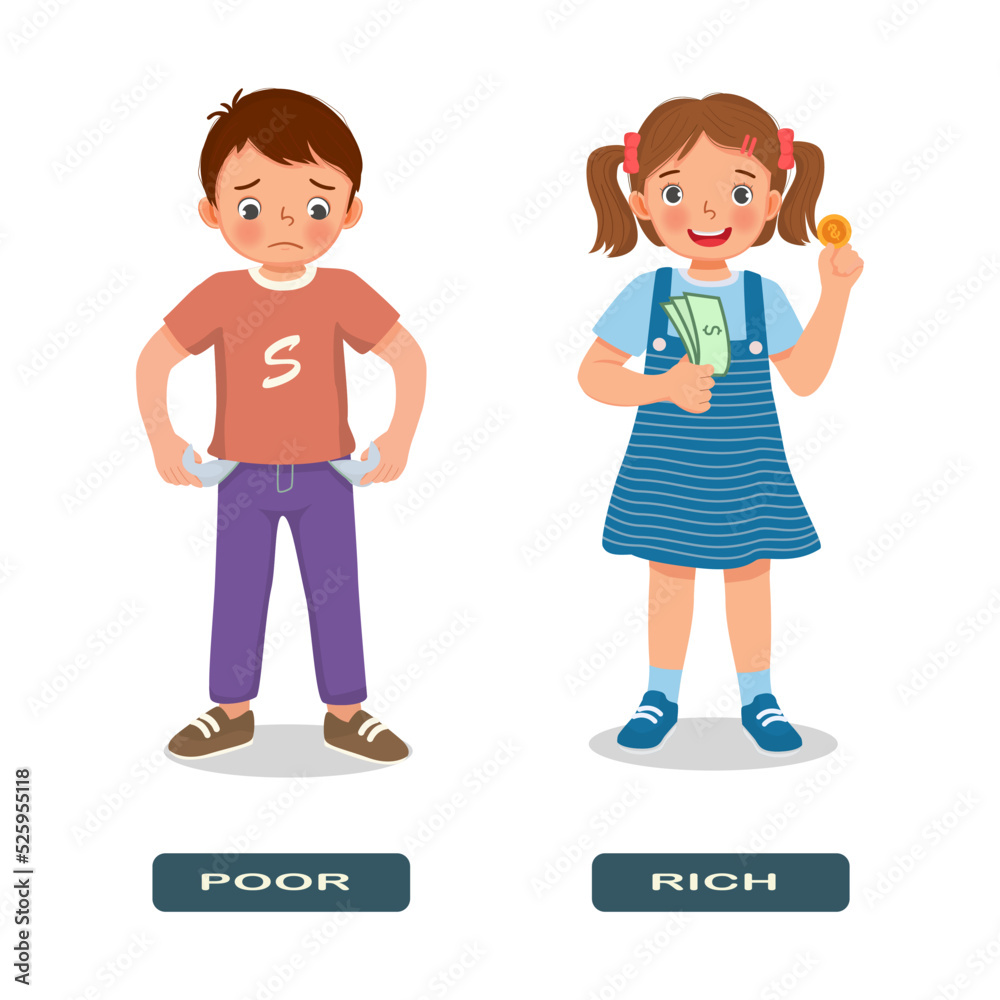 Opposite adjective antonym words poor and rich illustration of little boy with empty pocket and little girl holding money Opposite adjective antonym words poor and rich illustration of little boy with empty pocket and little girl holding money