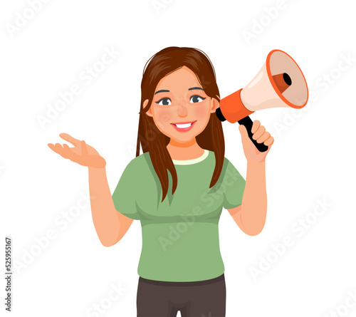 Beautiful young woman holding megaphone shouting loud making announcement with hand showing for copy space