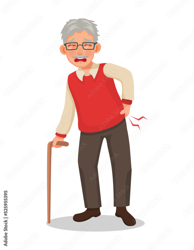 senior elderly man with walking stick suffering from lower back pain senior elderly man with walking stick suffering from lower back pain