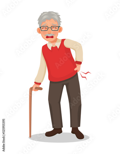 senior elderly man with walking stick suffering from lower back pain
