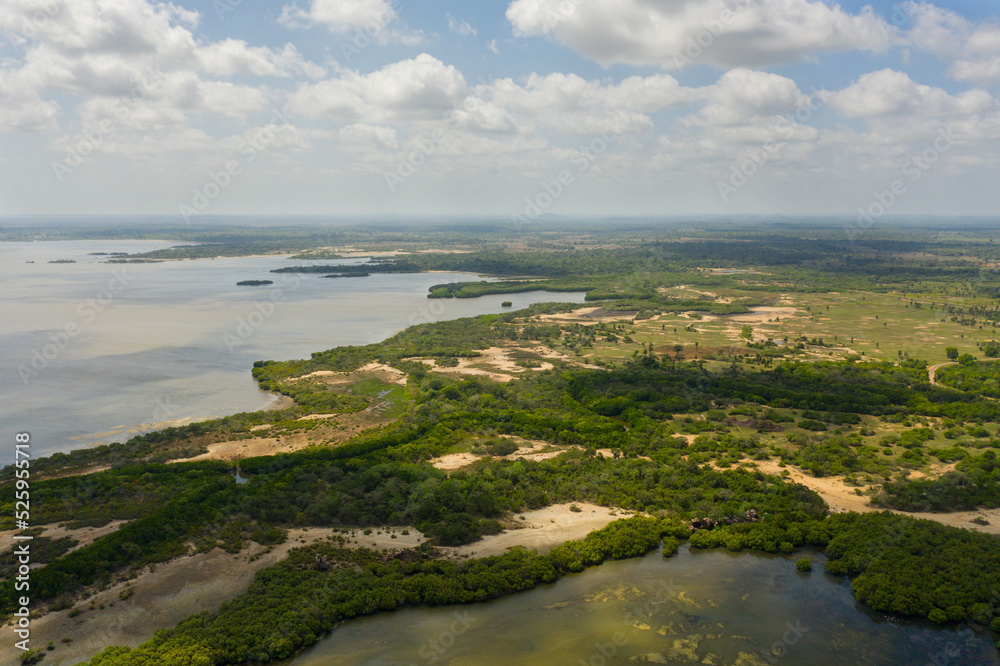 Aerial view of coast with lagoons and coves in Sri Lanka.