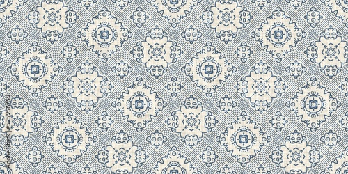 French blue linen effect geometric border pattern. Classic 2 tone European neutral grey woven textile ribbon trim for shabby chic home decor. Country farmhouse kitchen edging band tape. 