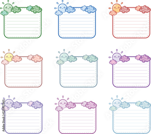 set of sticky cute sun and clouds frames letter notes for writing with pastel coloring