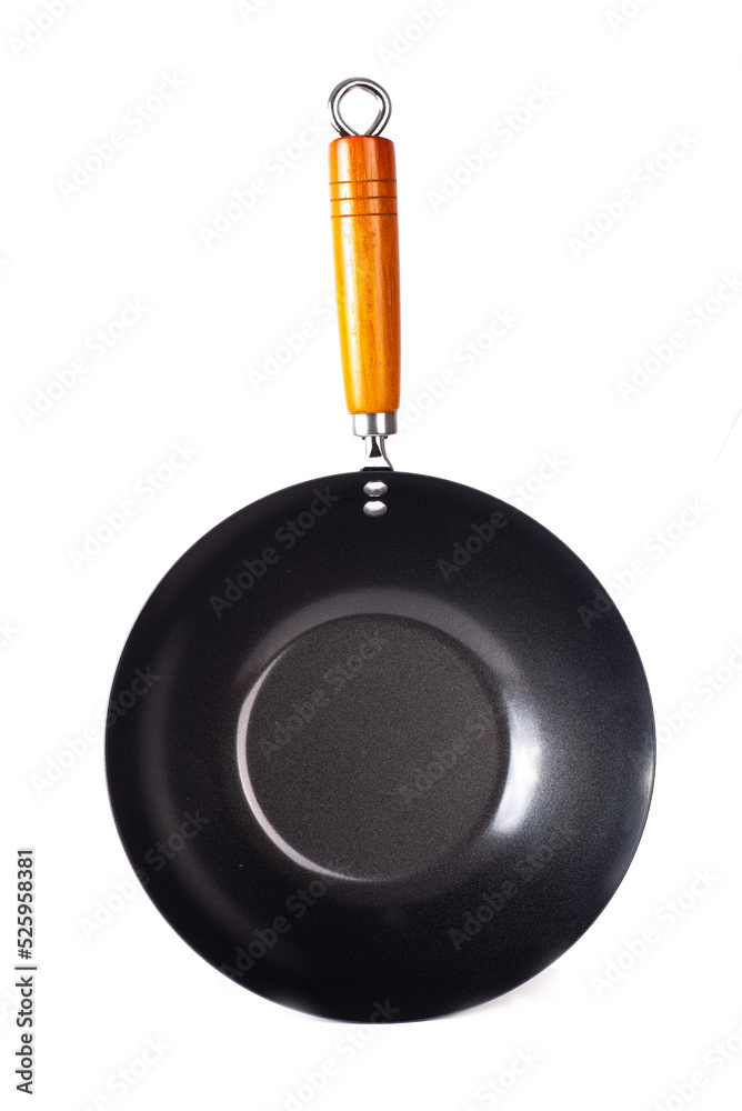 big black wok for cooking with wooden handle on white big black wok for cooking with wooden handle on white