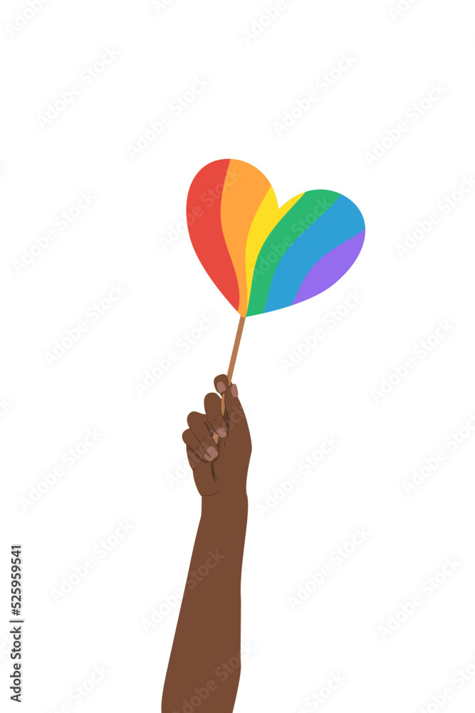 Tęczowe serce w uniesionej dłoni. Symbol społeczności LGBTQ. Tolerancja, wolność, miłość, różnorodność. Ilustracja wektorowa na LGBT Pride Month. - obrazy, fototapety, plakaty 