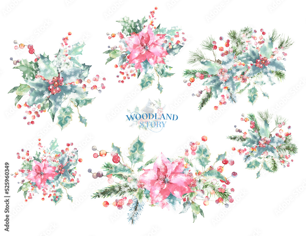 Watercolor Woodland Christmas floral bouquet set illustration. Winter forest flower decoration for greeting card, poster, invitation, baby shower,Merry Christmas, New Year, holiday, sticker, frame