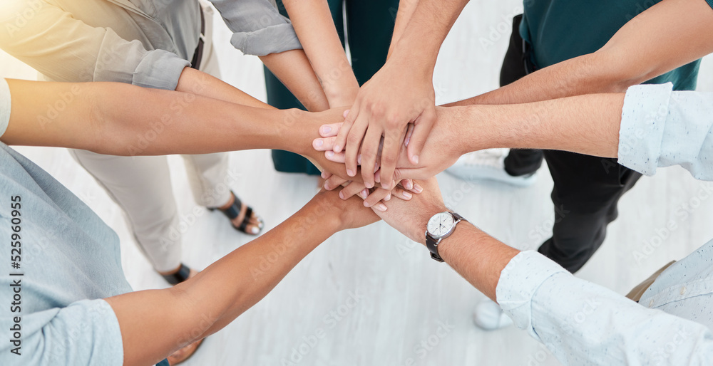 Teamwork, collaboration and motivation business people hands stacked together in office with lens flare. Group hand for goal, community together for team project or company growth mission and trust - obrazy, fototapety, plakaty 