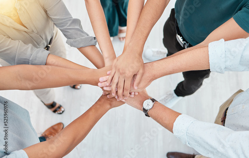 Support  trust and collaboration of business people pile hands together in agreement of partnership in an office. Teamwork  team building and celebrating company growth and diversity