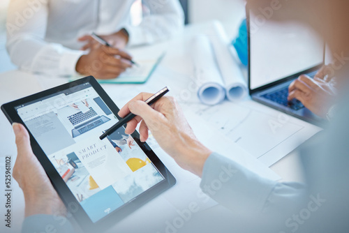 Marketing, advertising and creative design on a tablet screen in the hand of a business woman working in her office. Technology, online and digital product with a web or graphic designer at a company