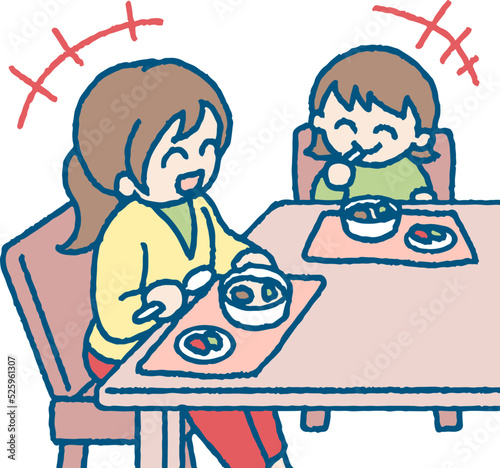 笑いあって食事をする女の子と女性のイラスト