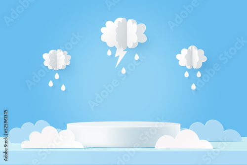 Rainy season, Paper cut of monsoon sale banner template. 3D white cylinder pedestal podium and cloud on blue background.Vector illustration.