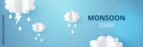 3D white cylinder pedestal podium and cloud on blue background. Rainy season, Paper cut of monsoon sale banner template. Vector illustration.