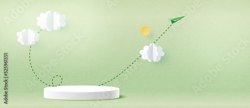 white realistic 3d cylinder pedestal podium on green background. Product display presentation. Minimal scene. Paper cut style vector Illustration.