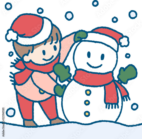雪だるまを作って遊ぶ男の子のイラスト