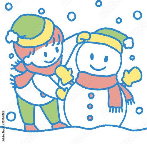 雪だるまを作って遊ぶ男の子のイラスト