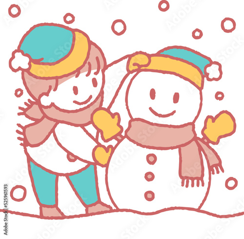 雪だるまを作って遊ぶ男の子のイラスト