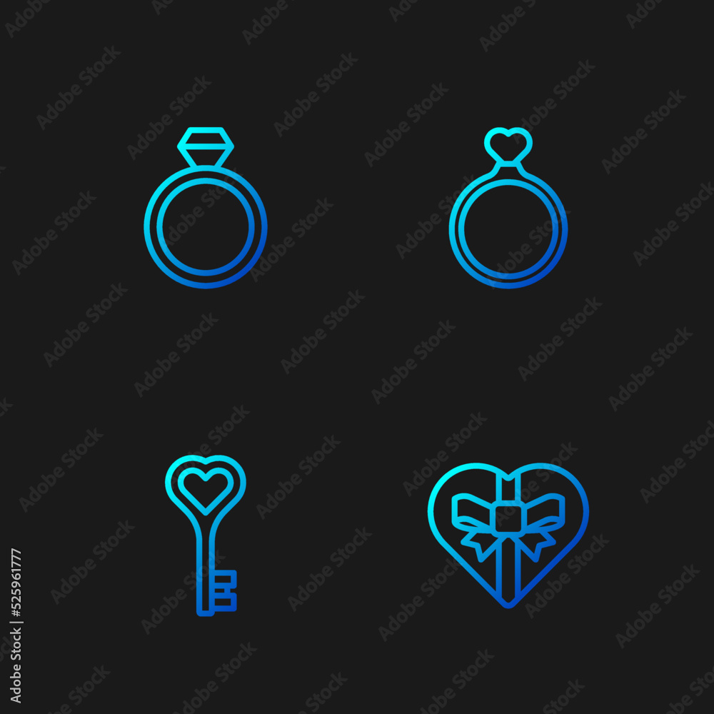 Set line Candy in heart shaped box, Key, Wedding rings and . Gradient color icons. Vector Set line Candy in heart shaped box, Key, Wedding rings and . Gradient color icons. Vector