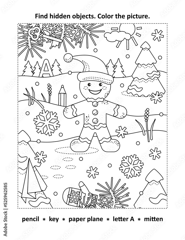 Hidden objects, or seek and find, picture puzzle and coloring page activity sheet with happy cheerful gingerbread man