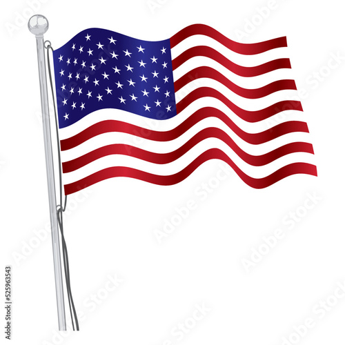 Vector illustration of the American flag waving in the wind isolated on white, USA rippling flag hanging on a silver pole.