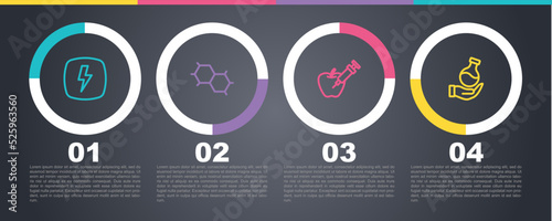 Set line Lightning bolt, Chemical formula, Genetically modified apple and Test tube. Business infographic template. Vector