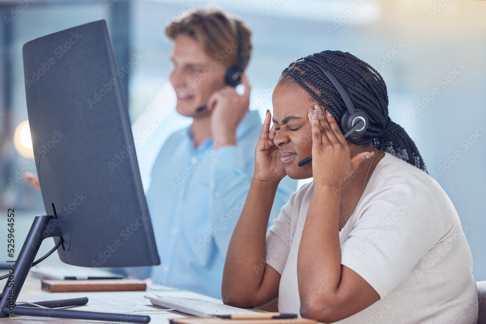 Call center agent with headache pain at work, telemarketing consultant with stress working in sales and tired business woman with problem in communication. Customer service worker depressed in office Call center agent with headache pain at work, telemarketing consultant with stress working in sales and tired business woman with problem in communication. Customer service worker depressed in office