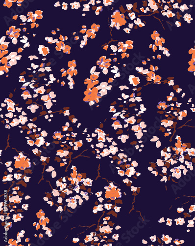 Colorful asian style floral pattern. Dark background floral tapestry with traditional asian style, design for decoration and textiles