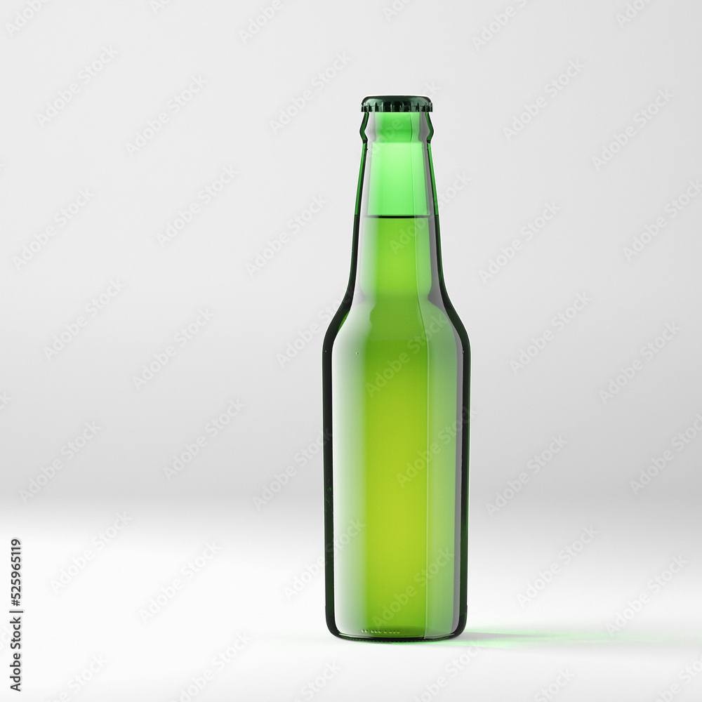 3d illustration. Bottles of beer floats above the table. Isolation, shadow. Mockup, presentation, advertising. 3d render