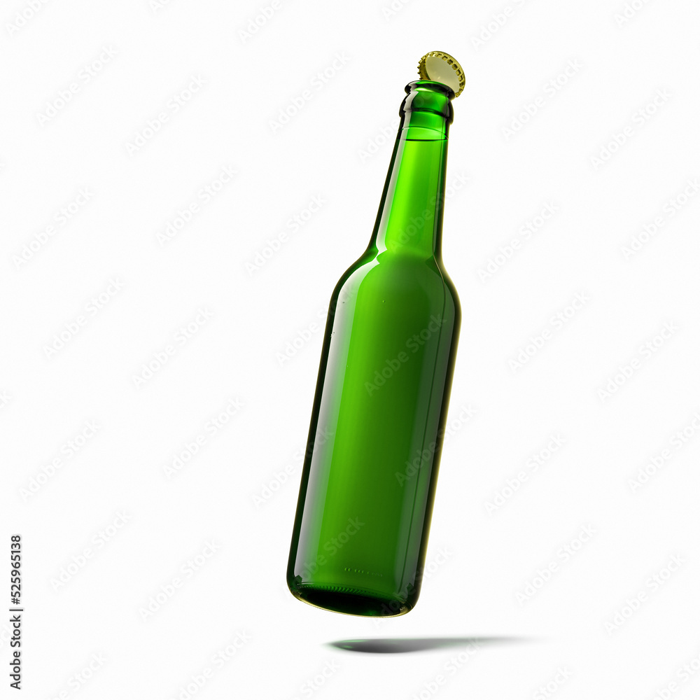 3d illustration. Bottles of beer floats above the table. Isolation, shadow. Mockup, presentation, advertising. 3d render 3d illustration. Bottles of beer floats above the table. Isolation, shadow. Mockup, presentation, advertising. 3d render