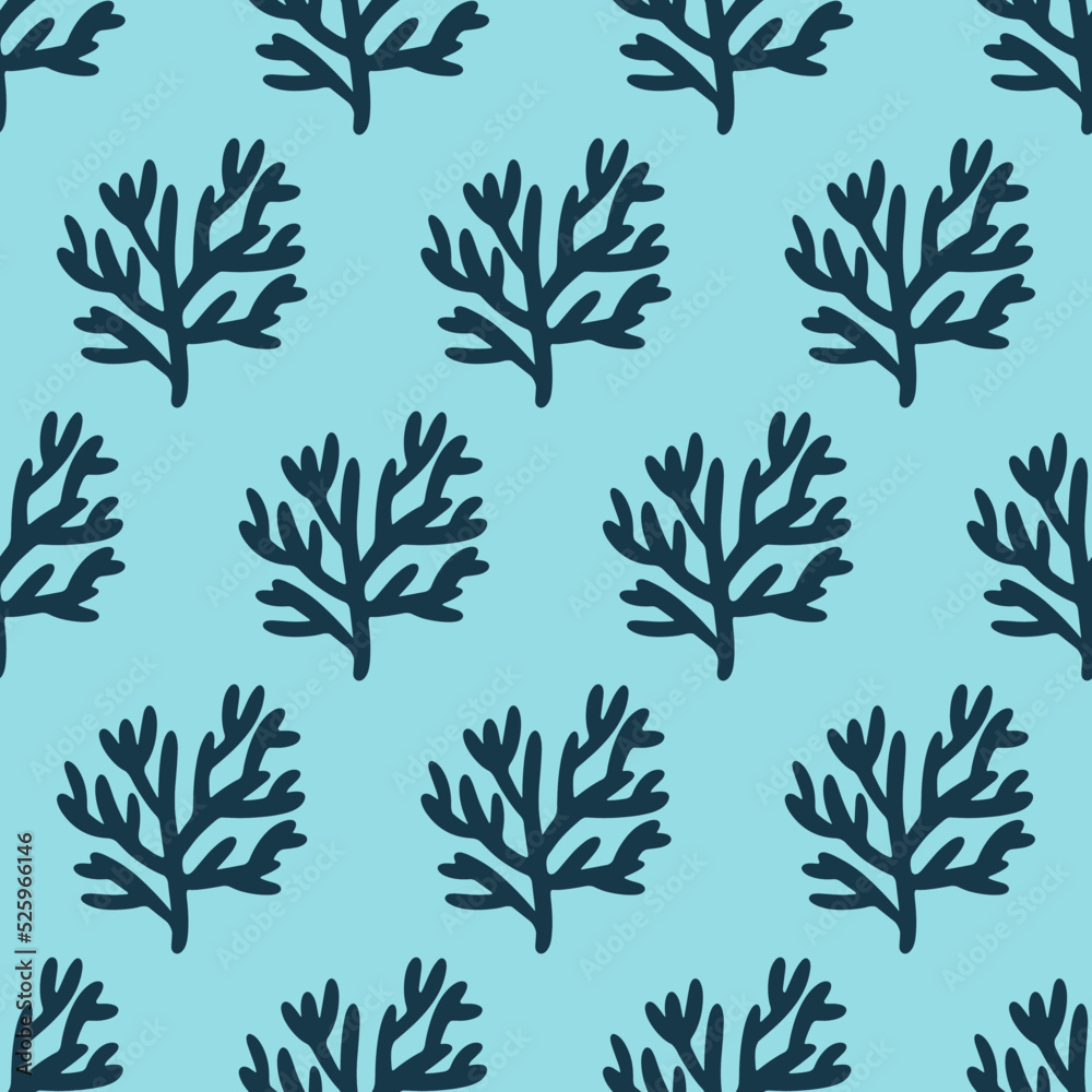 Dark blue coral reef on light blue seamless pattern vector. Funny simple sea mood monochrome surface design for textile, fabric and more. Hand-drawn sea plants endless texture vector