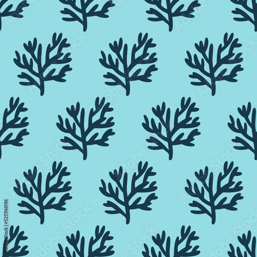 Dark blue coral reef on light blue seamless pattern vector. Funny simple sea mood monochrome surface design for textile, fabric and more. Hand-drawn sea plants endless texture vector © Anastasia Rybalka
