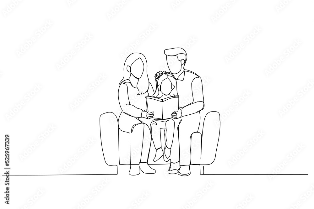 Illustration of family reading book together. One continuous line art style Illustration of family reading book together. One continuous line art style