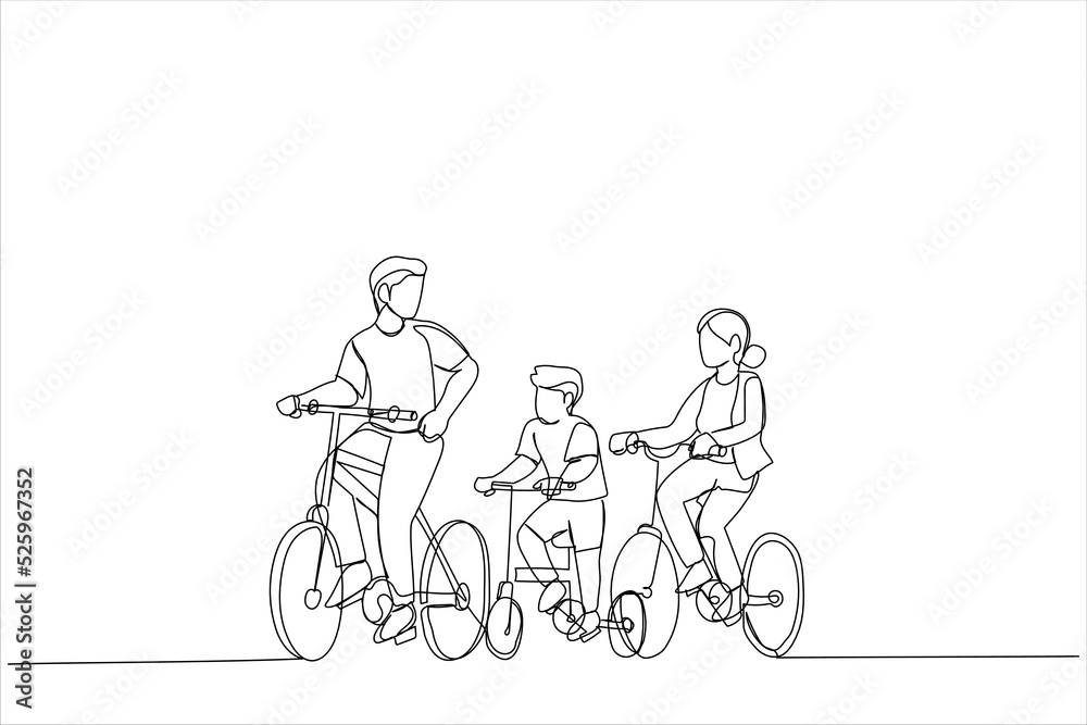 Fototapeta premium Cartoon of family father and mother teaching their son to ride bicycle at the park. Single continuous line art style